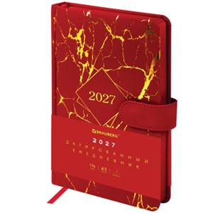 Ежедневник датированный 2027, А5, 138x213 мм, BRAUBERG "Goldy", под кожу, цветной срез, красный, 117896 - фото 10122649