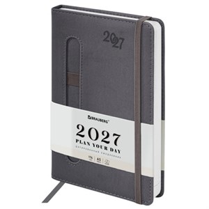 Ежедневник датированный 2027, А5, 138x213 мм, BRAUBERG "Optimal", под кожу, резинка, держатель для ручки, серый, 117933 - фото 10123065