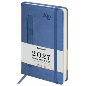 Ежедневник датированный 2027, А5, 138x213 мм, BRAUBERG "Optimal", под кожу, резинка, держатель для ручки, синий, 117934 - фото 10123081