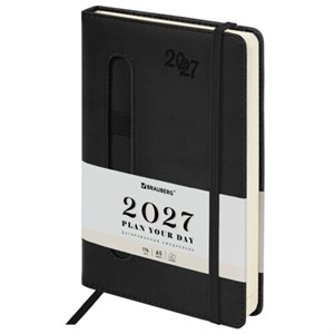 Ежедневник датированный 2027, А5, 138x213 мм, BRAUBERG "Optimal", под кожу, резинка, держатель для ручки, черный, 117938 - фото 10123121