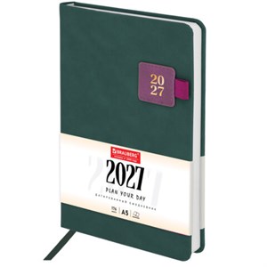 Ежедневник датированный 2027, А5, 138х213 мм, BRAUBERG "Accent", под кожу, держатель, зеленый/бордо, 118004 - фото 10123578