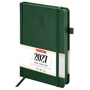 Ежедневник датированный 2027, А5, 138х213 мм, BRAUBERG "Plain", под кожу, резинка, держатель для ручки, темно-зеленый, 118038 - фото 10123970