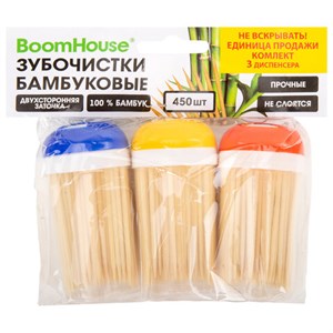 Зубочистки бамбуковые 450 штук, КОМПЛЕКТ 3 диспенсера по 150 штук, BOOMHOUSE (БУМХАУС), 701947 - фото 10285690