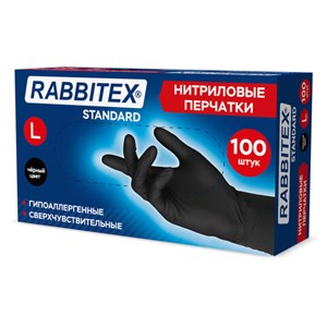 Перчатки нитриловые универсальные RABBITEX (РАББИТЕКС) Standard, 50 пар (100 шт.), черные, размер L (большой), 702157 - фото 10285734