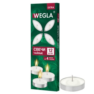 Свечи чайные литые в гильзе WEGLA (ВЕГЛА) EXTRA, до 4 часов горения, вес 10 грамм, КОМПЛЕКТ 12 штук, 702569 - фото 10942663