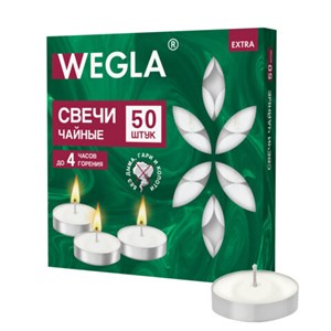 Свечи чайные литые в гильзе WEGLA (ВЕГЛА) EXTRA, до 4 часов горения, вес 10 грамм, КОМПЛЕКТ 50 штук, 702571 - фото 10942665