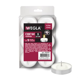 Свечи чайные литые в гильзе WEGLA (ВЕГЛА) ULTRA LONG, до 9 часов горения, вес 21 грамм, КОМПЛЕКТ 6 штук, 702576 - фото 10942671