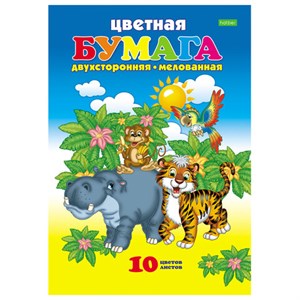 Цветная бумага А4 2-сторонняя мелованная, 10 листов, 10 цветов, на скобе, HATBER ECO, 210х295 мм, "Джунгли", 095717, 10Бц4м_01953 - фото 11002266