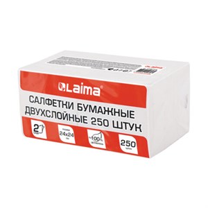 Салфетки бумажные 250 штук, 2-слойные, 24х24 см, LAIMA, белые, 100% целлюлоза, 118714 - фото 11056418