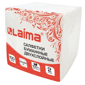 Салфетки бумажные 100 штук, 2-слойные, 24х24 см, LAIMA, белые, 100% целлюлоза, 118715 - фото 11056419