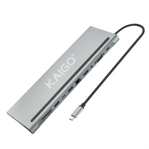 Док-станция хаб-разветвитель KG-050, в/с, 11 в 1, USB-A 2.0/3.2, Type-C 3.2 - PD 3.0, RJ-45, SD/TF 2.0, HDMI, VGA, AUX, 250 мм, серая, KAIGO, 355070 - фото 11395370