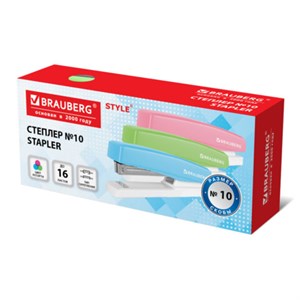 Степлер №10 BRAUBERG "STYLE", до 16 листов, ассорти, 274680 - фото 12472342