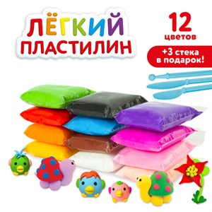 Пластилин супер легкий воздушный застывающий 12 цветов, 120 г, 3 стека, ЮНЛАНДИЯ, 105905 - фото 1298257