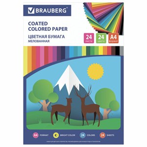 Цветная бумага, А4, мелованная, 24 листа, 24 цвета, на скобе, BRAUBERG, 200х280 мм, "Природа", 111329 - фото 1303325