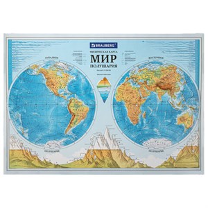 Карта мира физическая "Полушария" 101х69 см, 1:37М, интерактивная, в тубусе, BRAUBERG, 112376 - фото 1306280