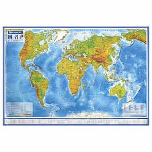 Карта мира физическая 101х66 см, 1:29М, с ламинацией, интерактивная, европодвес, BRAUBERG, 112377 - фото 1306288