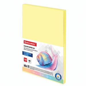 Бумага цветная BRAUBERG, А4, 80 г/м2, 100 л., пастель, желтая, для офисной техники, 112446 - фото 1306474