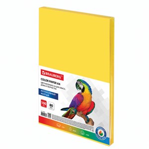 Бумага цветная BRAUBERG, А4, 80 г/м2, 100 л., интенсив, желтая, для офисной техники, 112450 - фото 1306486