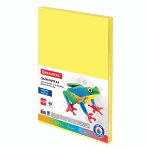 Бумага цветная BRAUBERG, А4, 80 г/м2, 100 л., медиум, желтая, для офисной техники, 112454 - фото 1306517