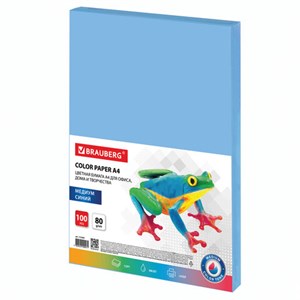 Бумага цветная BRAUBERG, А4, 80 г/м2, 100 л., медиум, синяя, для офисной техники, 112459 - фото 1306528