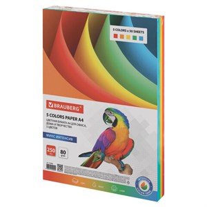 Бумага цветная BRAUBERG, А4, 80 г/м2, 250 л., (5 цветов х 50 л.), интенсив, для офисной техники, 112464 - фото 1306565