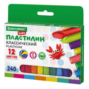 Пластилин классический BRAUBERG KIDS, 12 цветов, 240 г, ВЫСШЕЕ КАЧЕСТВО, 105873 - фото 1877735