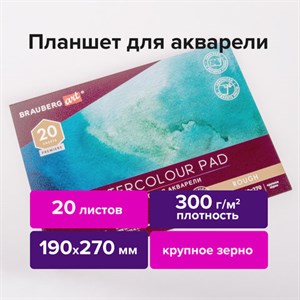 Папка для акварели/планшет, 300 г/м2, 190х270 мм, склейка, крупное зерно, 20 л., BRAUBERG ART PREMIERE, 113247 - фото 2560893