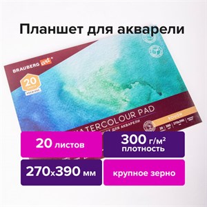 Папка для акварели/планшет, 300 г/м2, 270х390 мм, склейка, крупное зерно, 20 л., BRAUBERG ART PREMIERE, 113250 - фото 2560896