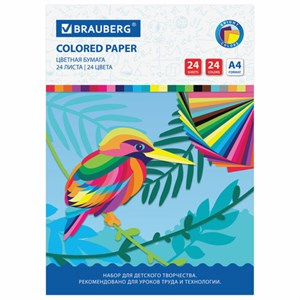 Цветная бумага А4 офсетная, 24 листа 24 цвета, на скобе, BRAUBERG, 200х280 мм, "Птица", 113538 - фото 2562857