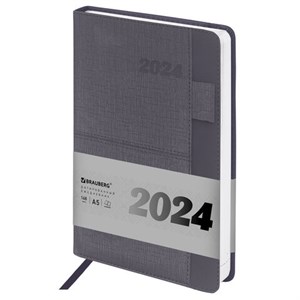Ежедневник датированный 2024 А5 138х213 мм BRAUBERG "Pocket", под кожу, карман, держатель для ручки, серый, 114992 - фото 2568607