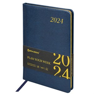 Еженедельник датированный 2024 А5 145х215 мм, BRAUBERG "Iguana", под кожу, синий, 115023 - фото 2568886