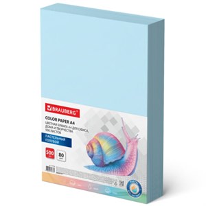 Бумага цветная BRAUBERG, А4, 80 г/м2, 500 л., пастель, голубая, для офисной техники, 115218 - фото 2569625