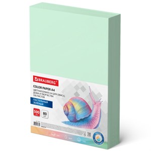 Бумага цветная BRAUBERG, А4, 80 г/м2, 500 л., пастель, зеленая, для офисной техники, 115221 - фото 2569650