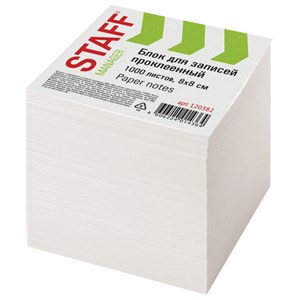 Блок для записей STAFF, проклеенный, куб 8х8 см,1000 листов, белый, белизна 90-92%, 120382 - фото 2569752