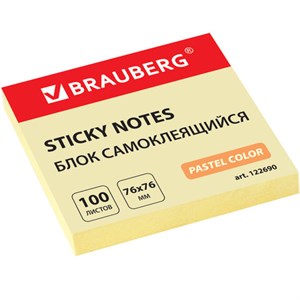 Блок самоклеящийся (стикеры) BRAUBERG, ПАСТЕЛЬНЫЙ, 76х76 мм, 100 листов, желтый, 122690 - фото 2570110