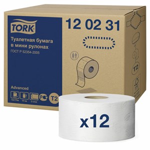 Бумага туалетная 170 метров, TORK (Система T2) ADVANCED, 2-слойная, белая, КОМПЛЕКТ 12 рулонов, 120231 - фото 2572161
