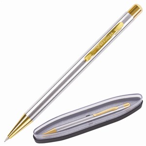 Ручка подарочная шариковая BRAUBERG Piano, СИНЯЯ, корпус серебристый с золотистым, линия письма 0,5 мм, 143472 - фото 2582129
