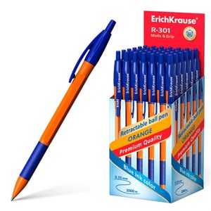 Ручка шариковая автоматическая с грипом ERICH KRAUSE "R-301 Orange", СИНЯЯ, 1,0 мм, линия письма 0,5 мм, 46762 - фото 2584633