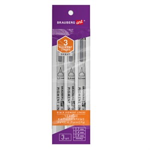 Капиллярные ручки линеры для рисования 3 шт., черные, 0,3/0,4/0,8 мм, BRAUBERG ART DEBUT, 143939. - фото 2584847