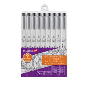Капиллярные ручки линеры 9 шт., черные, 0,05-0,8 мм / Кисть S, BRAUBERG ART DEBUT, 143944 - фото 2584872