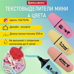 Текстовыделитель мини BRAUBERG "PASTEL Mini", АССОРТИ В ПЛАСТИКОВОЙ БАНКЕ, линия 1-5 мм, 152432 - фото 2594003