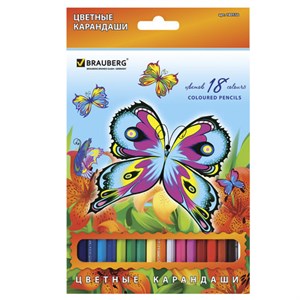 Карандаши цветные BRAUBERG "Wonderful butterfly", 18 цветов, заточенные, картонная упаковка с блестками, 180550 - фото 2595324