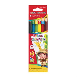 Карандаши цветные утолщенные BRAUBERG, 6 цветов, трехгранные, картонная упаковка, 180835 - фото 2595754