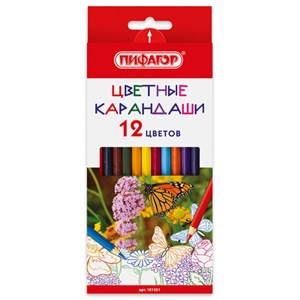 Карандаши цветные ПИФАГОР "БАБОЧКИ", 12 цветов, шестигранные, натуральное дерево, 181351 - фото 2596497