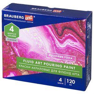 Краски акриловые для техники "Флюид Арт" (POURING PAINT), 4 цвета по 120 мл, Розовые тона, BRAUBERG ART, 192238 - фото 2603079
