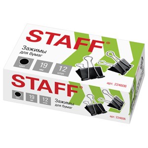Зажимы для бумаг STAFF "EVERYDAY", КОМПЛЕКТ 12 шт., 19 мм, на 60 листов, черные, картонная коробка, 224606 - фото 2614150