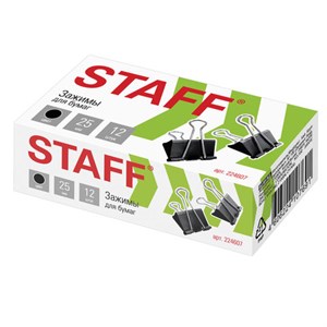 Зажимы для бумаг STAFF "EVERYDAY", КОМПЛЕКТ 12 шт., 25 мм, на 100 листов, черные, картонная коробка, 224607 - фото 2614157