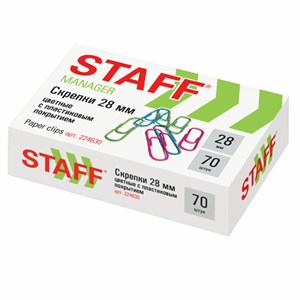 Скрепки STAFF "Manager", 28 мм, цветные, 70 шт., в картонной коробке, Россия, 224630 - фото 2614213