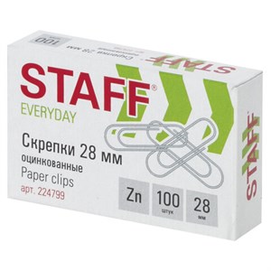 Скрепки STAFF "EVERYDAY", 28 мм, оцинкованные, 100 шт., в картонной коробке, Россия, 224799 - фото 2614293