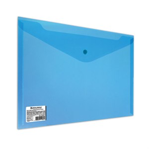 Папка-конверт с кнопкой BRAUBERG, А4, до 100 листов, прозрачная, синяя, СВЕРХПРОЧНАЯ 0,18 мм, 224813 - фото 2614324